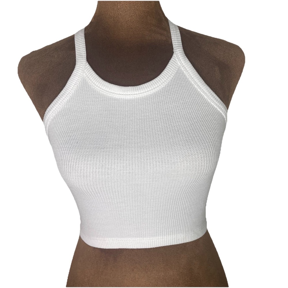 American Eagle White Tank Top Small Waffle Knit Cropped Halter Racerback